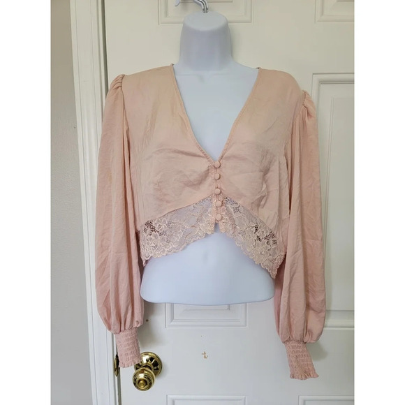 Open Edit Blush Pink Long Sleeve Satin Crop Top Ruched Buttons Victorian Size M - Picture 2 of 10